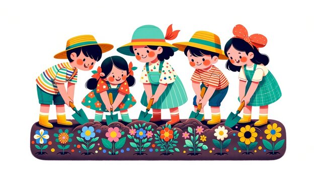 A whimsical, animated image of five children planting a garden with flowers that represent the colors of different national flags.