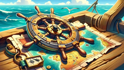 A detailed 16_9 image of a close-up view of a stylized pirate ship's steering wheel.