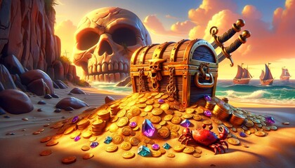 A detailed 16_9 image of a treasure chest overflowing with gold coins, jewels, and precious gems on a sandy beach.
