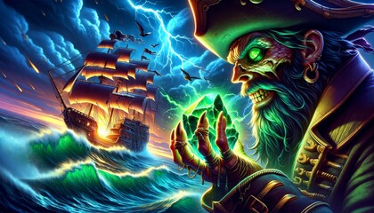 A detailed 16_9 image capturing a close-up of a pirate's hand holding a glowing magical artifact,...
