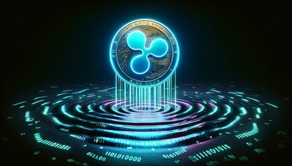 A neon-lit Ripple (XRP) coin levitating over a digital water surface with binary code reflections rippling away.