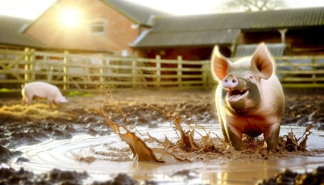 An image of a pig joyfully wallowing in a mud puddle in a sunlit farmyard 2.