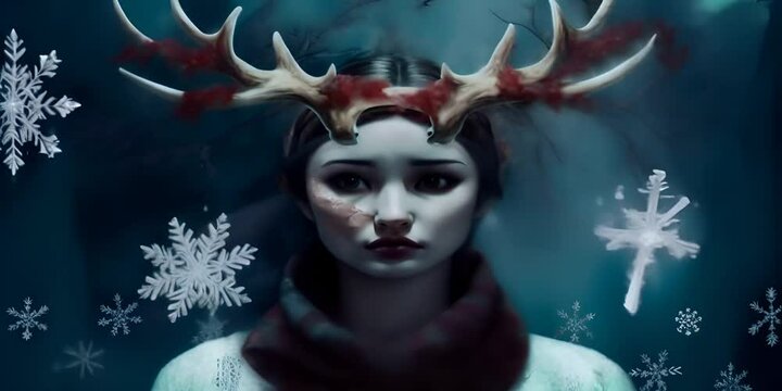 illustration christmas and season winter mythologie in deer half woman half Elaphocentaurs creature hybrid Surreal