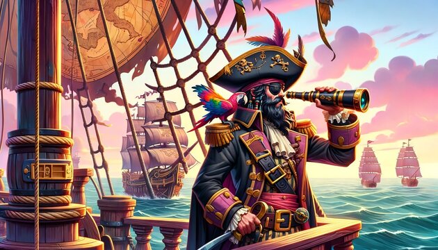 A detailed 16_9 image showing a medium shot of a pirate captain standing on the deck of a stylized pirate ship, looking through a spyglass.