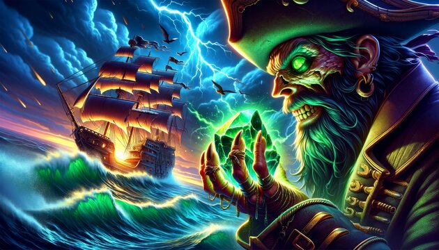 A detailed 16_9 image capturing a close-up of a pirate's hand holding a glowing magical artifact, with the cursed pirate ship in the background.