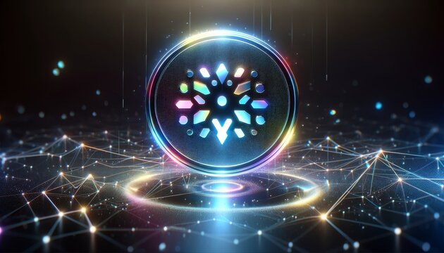 A holographic Cardano (ADA) emblem displayed in the air, surrounded by digital particles and a network graph.