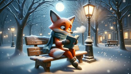 A whimsical fox wearing a scarf, sitting on a bench in a snowy park, reading a book under a streetlight with snowflakes gently falling around. - obrazy, fototapety, plakaty