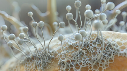 Close-up 3D illustration of Aspergillus mold, showcasing its spore-producing conidiophores on bread, highlighting food deterioration.