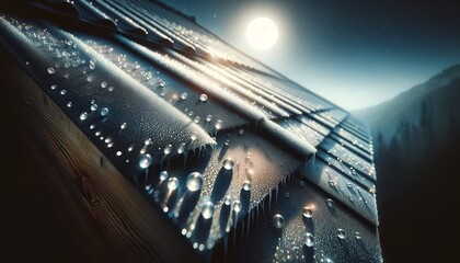 A detailed close-up of a part of the cabin roof with frost or dew reflecting the moonlight, creating a glittery effect. - obrazy, fototapety, plakaty