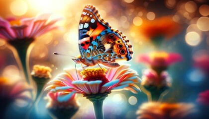 A butterfly with colorful wings alighting on a flower, the details of its patterns captured in the warm, natural light of early morning. - obrazy, fototapety, plakaty