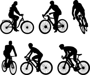 set of cyclists silhouette on white background, vector