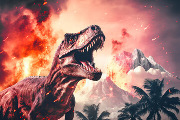 A terrible dinosaur Tyrannosaurus T-rex with an open huge mouth against a background of fire and...