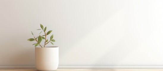 A houseplant in a flowerpot is placed on a wooden floor against a white wall, adding a touch of nature to the rectangular room