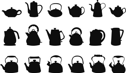 set of teapots silhouette on white background, vector