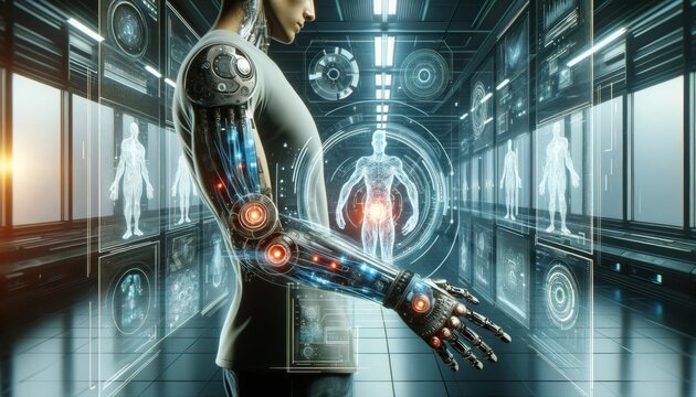 A Person With A Bionic Arm, Surrounded By Floating Digital Screens Showing Various Technological Interfaces In A Futuristic Environment.