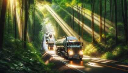 An image of a convoy of tanker trucks driving through a lush green forest road. - obrazy, fototapety, plakaty
