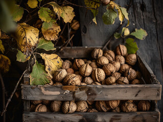 Walnut tree branches heavy with nuts, hinting at autumns bounty in a rustic setting