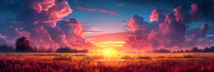 Fotobehang Illustration of Futuristic Landscape of Field, Illustrated sky with clouds sun stars and sunrise or sunset artistic digital drawing atmospheric and dreamlike   © marchsing