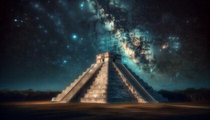 An image capturing Chichen Itza under the starry night sky, using long exposure techniques to reveal the stars and constellations above.