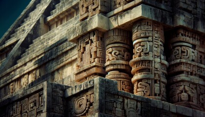 A close-up image highlighting the detailed architectural features of Chichen Itza, such as intricate stone carvings, columns, and sculptures.