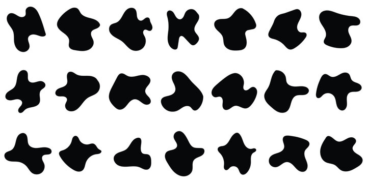 Random shapes. Organic black blobs of irregular shape. Abstract blotch, inkblot and pebble silhouettes, simple liquid amorphous splodge elements water forms creative minimal bubble stone vector set
