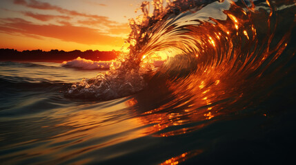 Rolling ocean waves at sunset. Clean and clear water splashes with foam and drops. Beautiful background. Generative AI