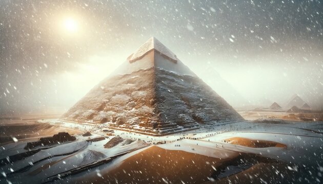 An image showing the Great Pyramid of Giza during a rare snowfall, highlighting the contrast between the usually warm, sandy landscape and the .