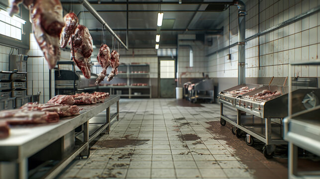 Kitchen Filled With Hanging Meat