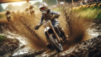 A female motocross rider racing through a muddy track, splashing mud around, in a similar spirit and style as the original image. - obrazy, fototapety, plakaty
