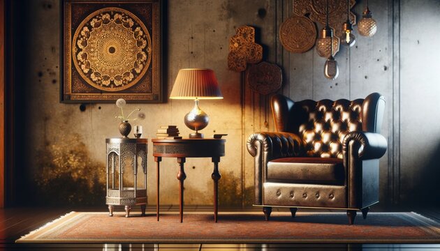 The image depict a vintage-style lounge area inspired by classic interior design, reflecting the same spirit and style as the provided referenc.