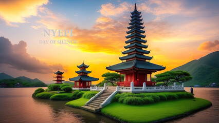 nyepi day of silence background illustration with temple sunset - obrazy, fototapety, plakaty