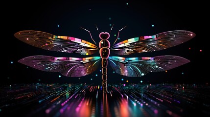 Data flow concept with the flight of a digital dragonfly. Technological background for big data design. Generative AI