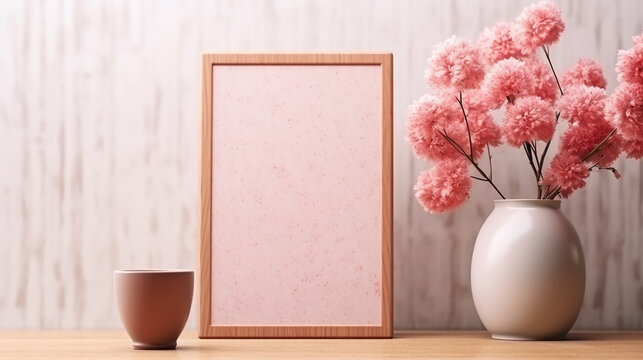 wooden frame mockup with a pink notched vase