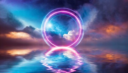 Neon Dreams: Circular Geometry Radiating in Clouds with Water's Mirror"