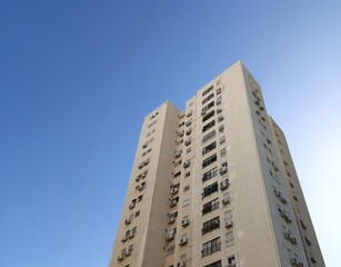 Fototapeta premium Low angle view of a residential tower block against soft blue sky