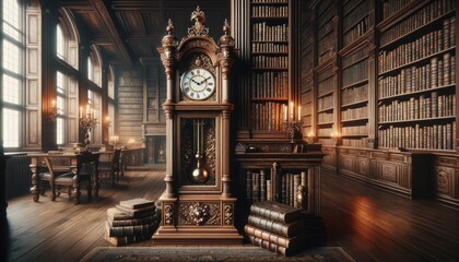 A classic grandfather clock standing in a grand, old library filled with antique books.