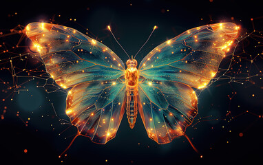 Glittering glowing beautiful butterfly with translucent wings. Gold night moth with emerald hue on...