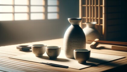 The image depicts a traditional Japanese sake setup, featuring small ceramic cups and a tokkuri (sake bottle) on a minimalist, natural wood surface.