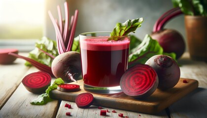 A highly detailed, medium shot image of beetroot juice in a glass, with whole and sliced beetroots around it, emphasizing the health benefits.