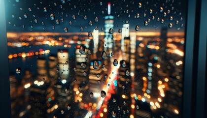 A close-up scene of raindrops clinging to a window with a blurred cityscape in the background at night. - obrazy, fototapety, plakaty