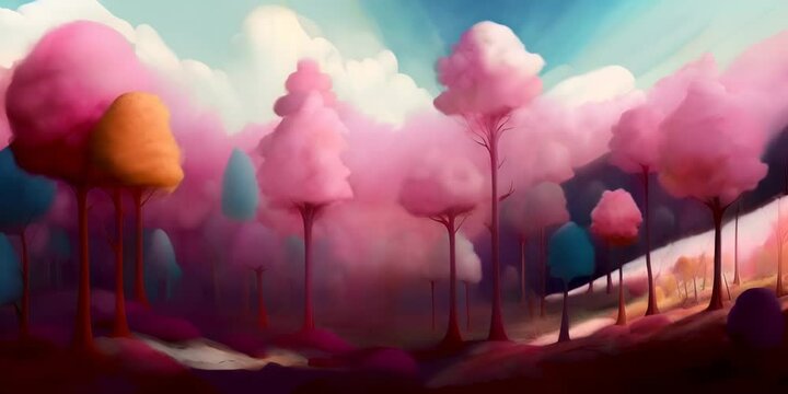 concept optimism landscape pink abstract forest a in trees cotton candy dreamlike colorful of Illustration