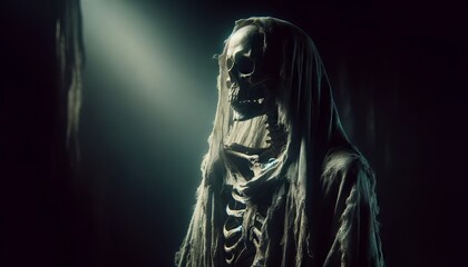A skeletal figure draped in tattered robes, staring into the void.