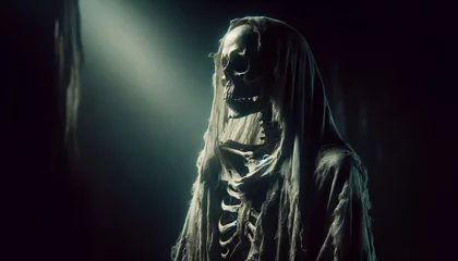 Fotobehang A skeletal figure draped in tattered robes, staring into the void. © FantasyLand86