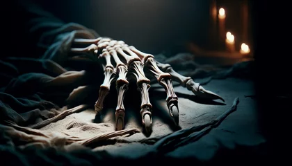 Foto op Plexiglas A close-up of a withered hand reaching out from darkness, its skin parchment-thin, stretched over delicate bones, with long, spindly fingers. © FantasyLand86