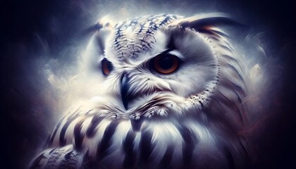 An owl's intense gaze, captured in a mystical and atmospheric style, with soft whites, grays, and...