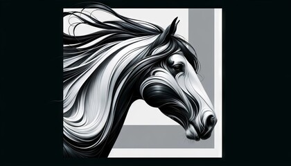 A horse's head, rendered with flowing, graceful lines and a mix of black, white, and silver, highlighting the animal's elegance and powerful movement.