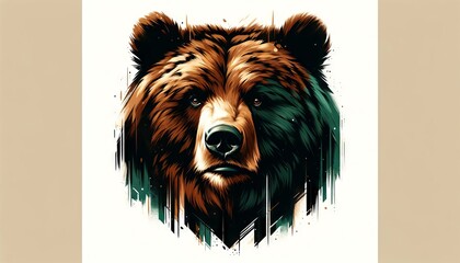 A bear's face, portrayed in a bold and rugged style, with deep browns and touches of green, symbolizing its strength and connection to the forest.