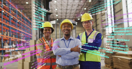Image of financial data processing over diverse people working in warehouse