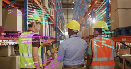 Image of financial data processing over diverse people working in warehouse