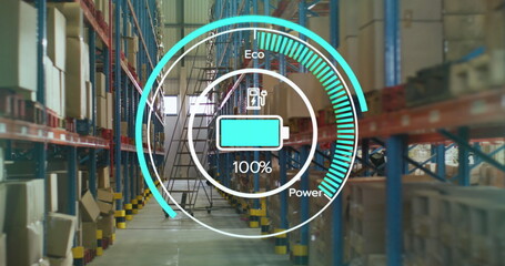 Image of scope with battery and data processing over warehouse